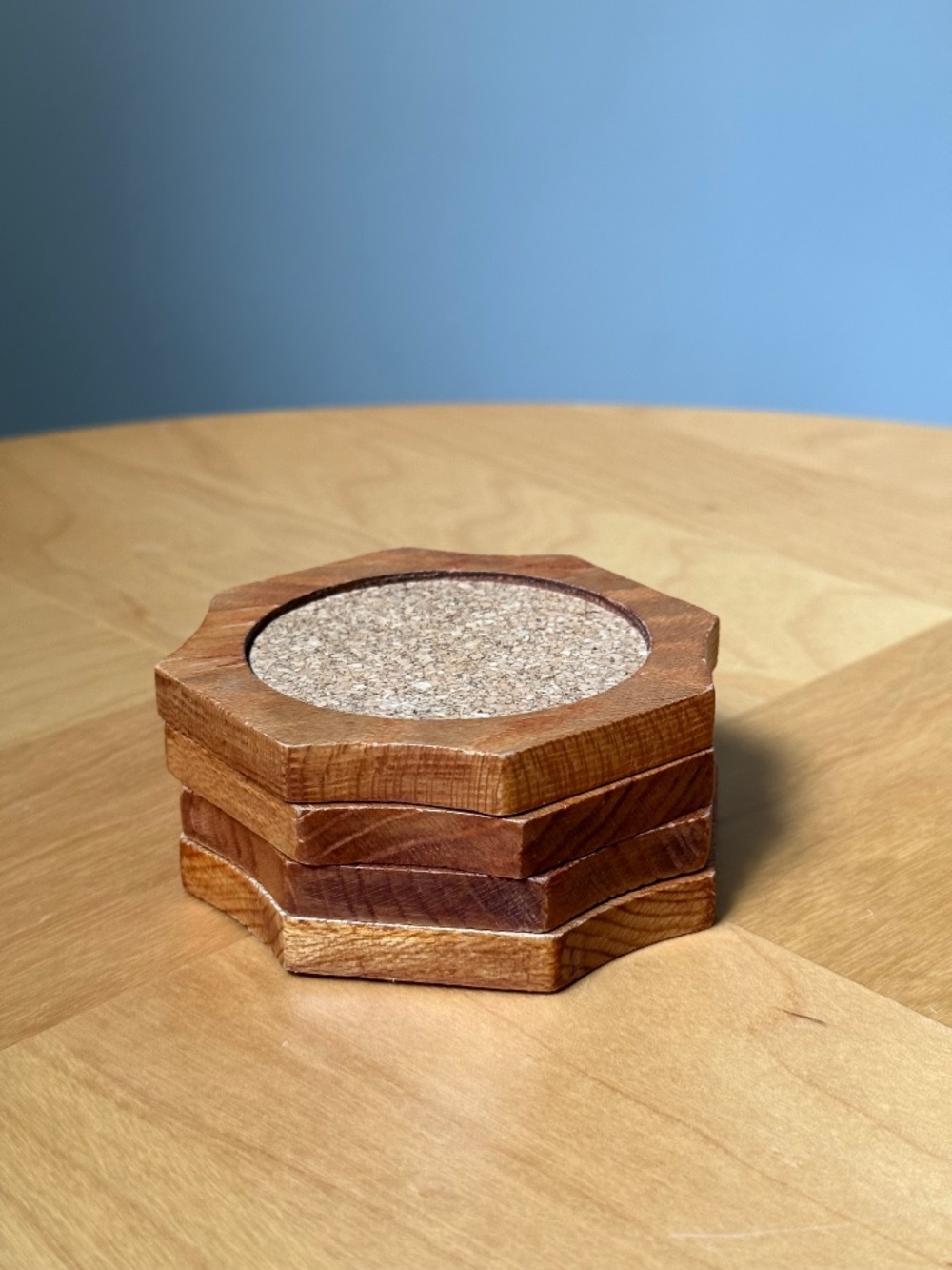 Set of 4 Cork Brown Wood Drink Coasters 3.5x3.5" MCM Home Decor